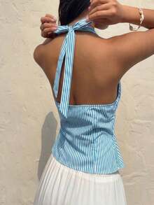 Top de tirantes sexy con cuello halter, espalda descubierta y cordón a rayas para mujeres - verde menta - Ver 2