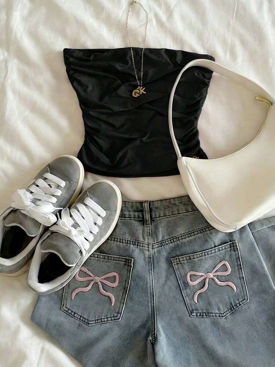 Top sin tirantes con volantes de lunares casual, top corto delgado multifuncional, adecuado para uso diario, regalos de vacaciones, moda, camiseta elegante, camiseta atractiva, regalos para hermanos y hermanas, regalos para hermanas, regalos para mamá, regalos del Día de la Madre - Negro - Ver 1