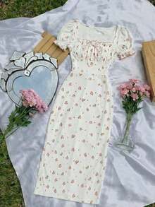 Vestido midi de Body con cuello cuadrado y mangas abullonadas para mujer, vestido de lechera, vestido para té, vestido midi con estampado floral y cuello cuadrado y mangas abullonadas para mujer, vestido de invitada de boda, atuendos de primaver - Multicolor - Ver 4