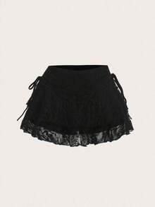 Falda casual de mujer con cintura con cordón, lazo y volantes de tela de encaje de doble capa, adecuada para uso diario - Negro - Ver 5