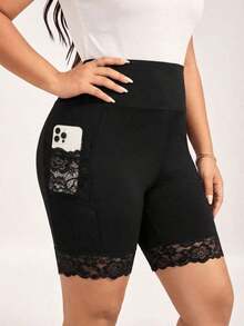 Pantalones cortos tipo ciclista de talle alto básicos y casuales de color negro para uso diario en tallas grandes - Negro 2 - Ver 3