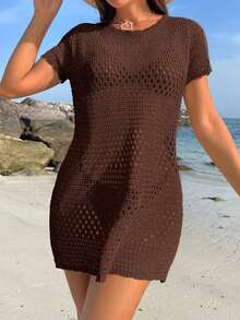 Conjunto de ropa de verano para mujer - Cubierta de playa de unicolor con cortes huecos, estilo de vacaciones de verano - Marrón - Ver 7