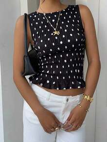 Gaze Blusa de verano con estampado de cerezas, cuello redondo, volantes en el bajo, para mujer.Top rojo vino, top de verano rojo, top rojo y blanco, top de lunares - Negro - Ver 7