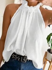Blusa plisada de unicolor, versátil y casual para uso diario - Blanco - Ver 9