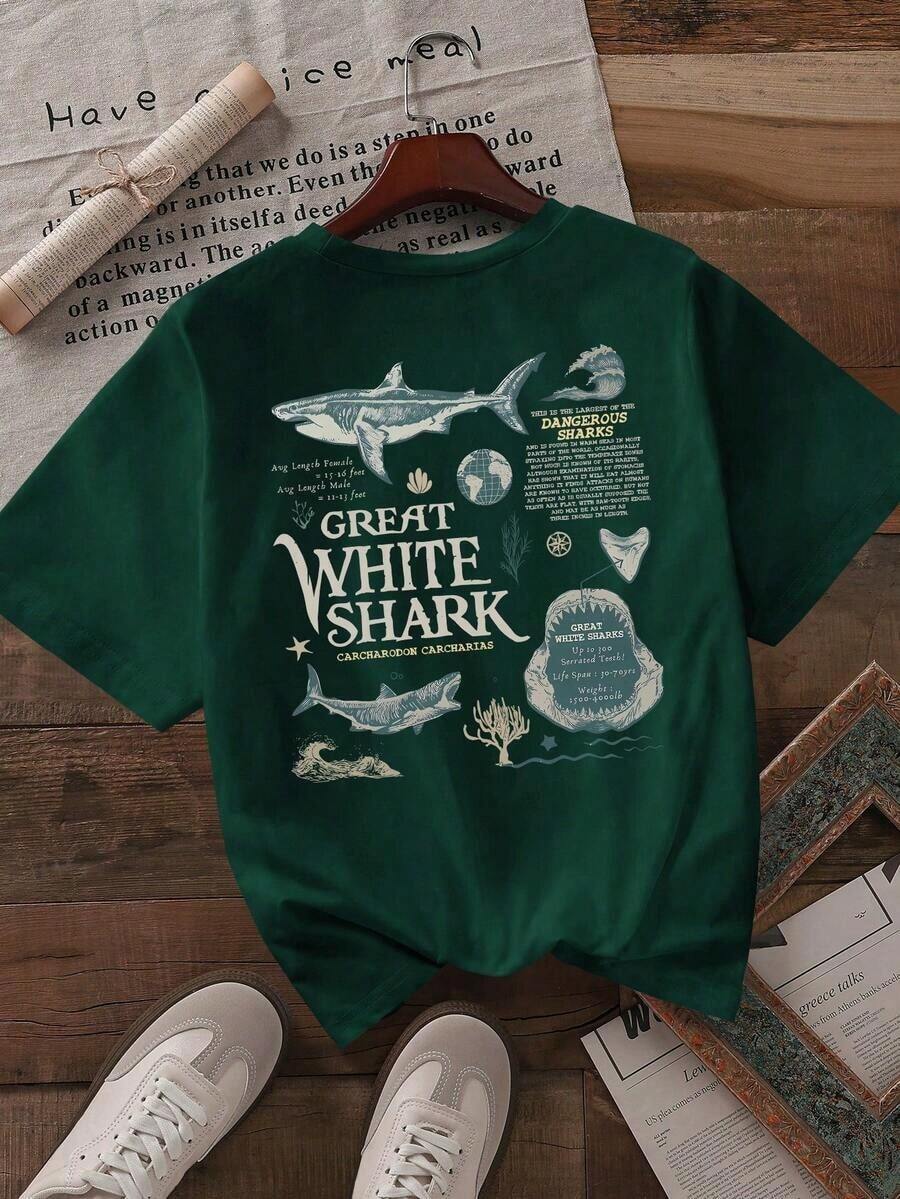 Women's Plus Size Retro Great White Shark T-Shirt - A Gift For Marine Animal Lovers, Marine Anatomy & Biology Enthusiasts - A Cute Casual Summer T-Shirt For Marine Conservation - 深綠色 - 查看 1