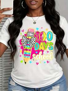 1 "100 Days Of School" T-Shirt For Children And Teachers, Celebrate The 100th Day Of School With A Fun Pencil Design And Colorful Print For Students And Educators, 180g, 100% Cotton. - 黑色 - 查看 9