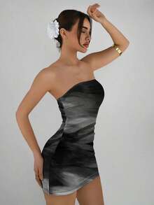 Vestido casual de verano elegante y sexy con estampado abstracto marrón y café, de corte ajustado tipo bandeau, apropiado para el verano, vacaciones y fiestas - Gris Oscuro - Ver 4