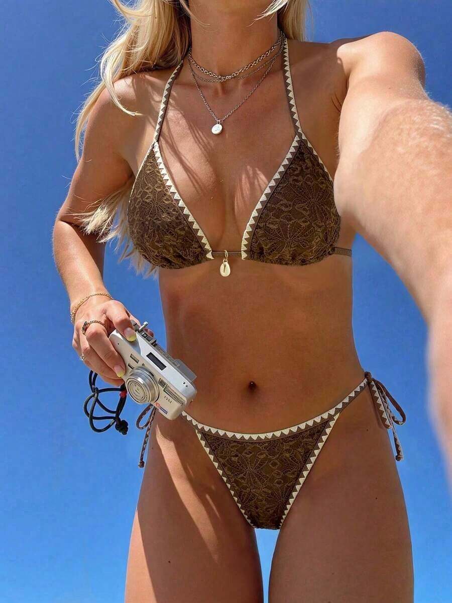 Conjunto de bikini de 2 piezas para mujer de verano con tela jacquard de unicolor, volantes en el borde y tirantes ajustables - Marrón - Ver 1