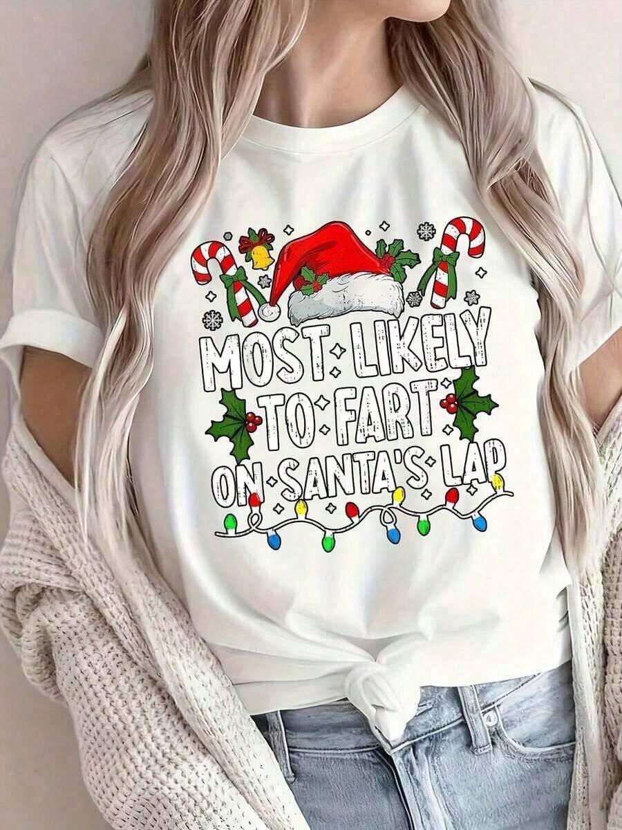 Christmas Series Pattern Round Neck Short Sleeves, Loose Casual Christmas T-Shirt - Featuring A Christmas Tree, Santa Claus Hat, And Other Fashionable Elements, This Round Neck Short Sleeve T-Shirt Is The Best Christmas Gift For Friends, Family, And Yourself. It Will Make You Shine In This Wonderful Christmas Winter Wear - Unisex Clothing For Women And Men - 白色的 - 查看 1