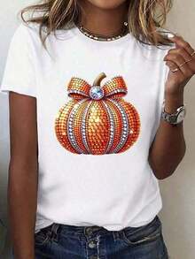 Halloween Pumpkin Graphic Print Cotton T-Shirts, Fashionable T-Shirts, Casual Short Sleeves For Everyday Wear, 220g2025, Loose And Comfortable - 白色 3 - 查看 1