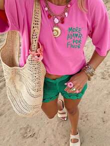 DrmWander Women's T-Shirt, Short Sleeve Graphic Tee, Casual Street Style, Cute Summer Top - 紫紅色 3 - 查看 2