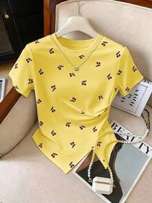 de manga corta con pliegues y bajo asimétrico de unicolor casual para mujer, verano - Amarillo - Ver 5