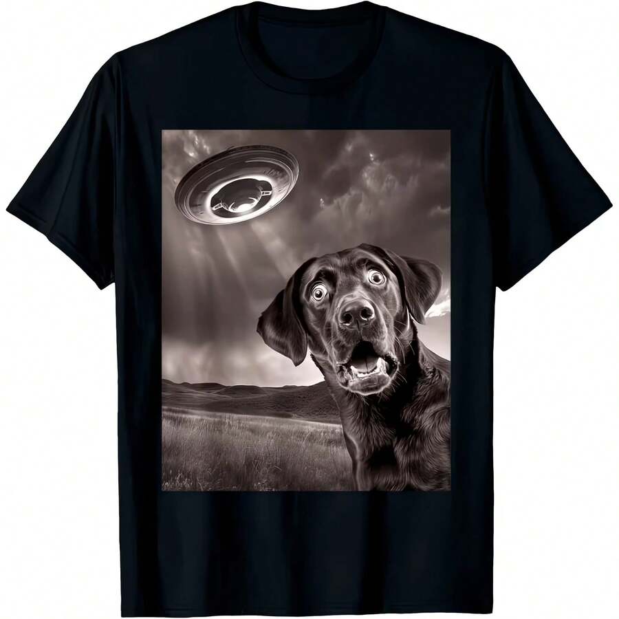 Funny Men's T-Shirt, Black Labrador Retriever UFO Selfie Graphic Tee, Women's Cotton Casual Wear, Oversized Summer Casual Clothes, HarAJsuku Vintage Style - 款式 - 查看 1