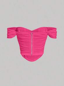 Top crop de hombros descubiertos fruncido bajo asimétrico - Rosa Fucsia - Ver 2