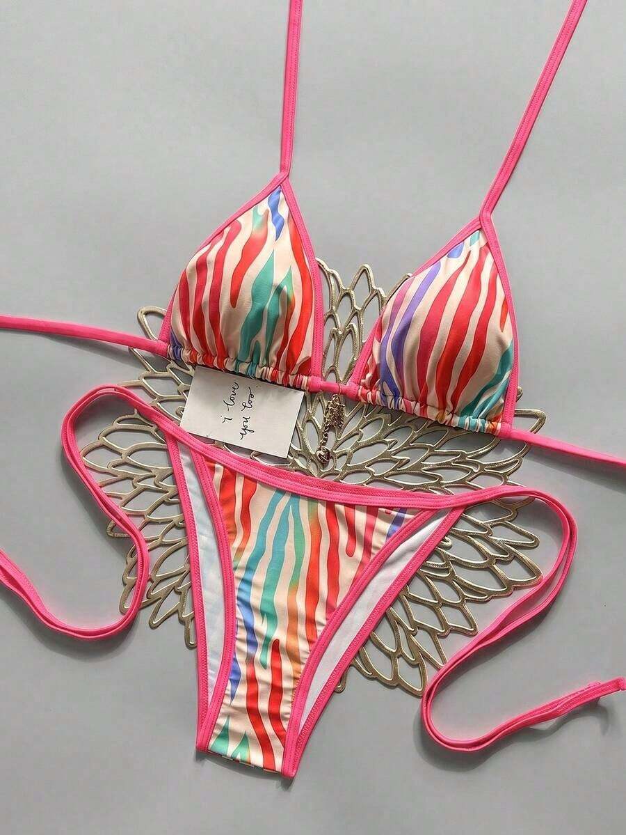 Conjunto de bikini sexy de cuello halter y lazo para mujer en bloque de color para vacaciones, playa de verano - Multicolor 8 - Ver 1