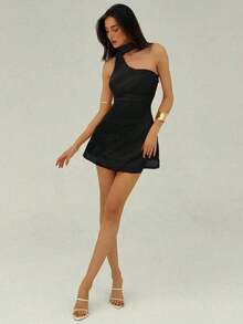 Vestido mini de moda de unicolor sin mangas para mujer - Negro - Ver 5