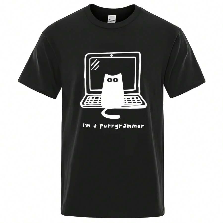 Camiseta de hombre de alta calidad, 100% algodón, divertida, con estampado de gato programador, informal, holgada, fresca, para verano, con cuello redondo, para hombre. - forma - Ver 1