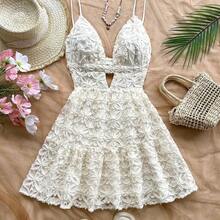 WYWH Women's Boho White Floral Mini Dress With Spaghetti Straps And Ruffle Flounce Hem, Perfect Sleeveless Summer Beach Wear White Summer Dress Beach Vacation Dress White Floral Dress Vacation Dress Boho White Dress - Blanco - Ver 4