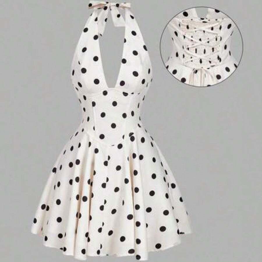 MOD Women's Apricot Mini Dress With Bowknot Design,Ivory White Halter Mini Dress Wedding Guest Party, Jacquard Lace Fabric, Old Money Style, Sleeveless Fit And Flare Dress, Elegant Bridal Shower Dress For Cocktail Party, Engagement, Reception, Holiday Gathering, Formal Summer Event - Albaricoque - Ver 1