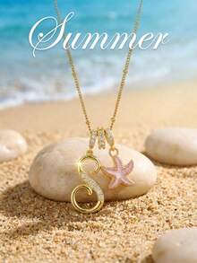 1Pc Auric Station Necklace Gem-Set Letter Curved Motif & Roseate Sea Creature For Boys Girls Twin Danglers For Boardwalk Ambles Tide Pool Visits Yacht - Gold - View 2