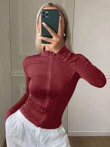 Chaqueta casual deportiva de manga larga y ajuste ceñido para mujer, estilo callejero, chaqueta ligera de verano - Rojo - Ver 3