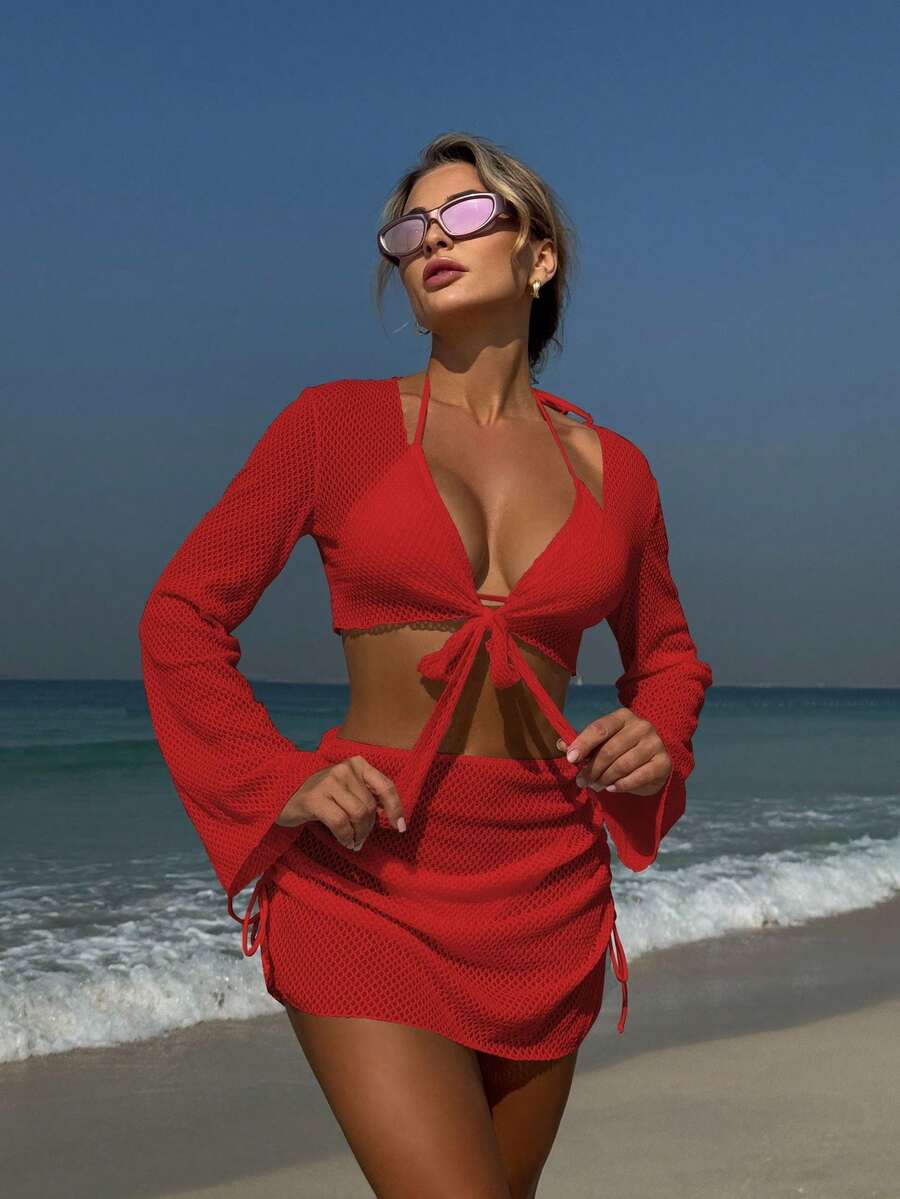 Nuevo traje de baño de cuatro piezas de color sólido, sexy, estilo ins, ideal para vacaciones de verano en la playa. - Rojo - Ver 1