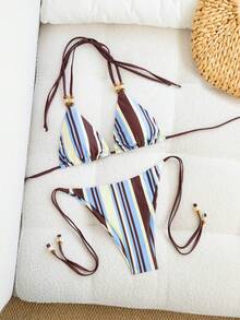 Women's Striped Beaded Spaghetti Strap Triangle Bikini Set, 2-Piece Summer Holiday Beach Swimwear, Brazilian June Festival Ladies Outfit - Multicolor - View 3