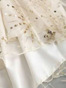 Vestido de lentejuelas elegante para niña, diseño de línea A, cintura ceñida, ajuste delgado, estilo romántico francés, acento de lazo, verano - Albaricoque - Ver 6