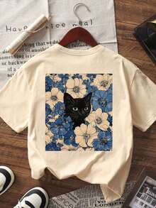 Apricot-Colored, Short-Sleeved, Crew-Neck T-Shirt With A Floral And Black Cat Print, Minimalist And Fashionable For Summer. Versatile And Elegant Blouse For Women On Vacation (Retro Style, Fresh Style, Sweet Style, Unisex) - 杏 - 查看 2