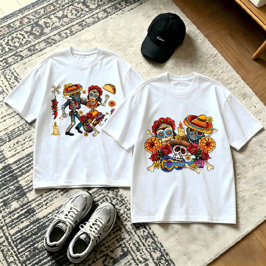 2-Piece Couple Matching Pattern T-Shirt, 100% Cotton, Loose Fit, Soft And Breathable, Casual Round Neck Short Sleeved Top Mexican With Sombrero And Serape Versatile Patterns No Picky Combinations Coordinated Dating Casual Travel Simple And Cartoonish Printing Styles High Cost-Effectiveness - 白色 - 查看 1