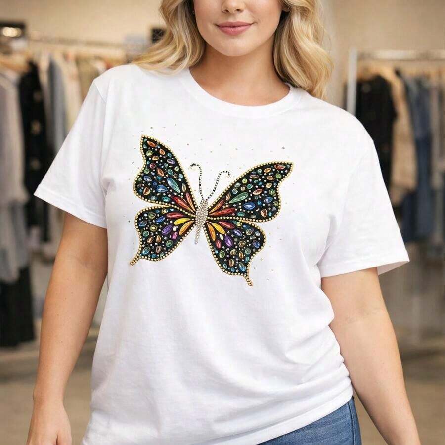 Plus Size Women's Cotton T-Shirt, M-5XL, Loose Fit, Short Sleeve, Round Neck, Sparkly Butterfly Print With Rhinestones, Casual Loose Top For Everyday Wear, Basic T-Shirt With Colorful Crystal Embellishments, Soft And Comfortable Fabric, Plus Size Clothing Suitable For Spring, Summer And Autumn. - 白色 - 查看 1