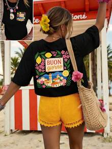 Camiseta de manga corta con cuello redondo y estampado frontal y trasero, Primavera/Verano 2026, nueva, informal, con estampado de letras y motivos de vacaciones, top divertido de corte regular para mujer. | La tela transpirable es la elección diaria para cualquier ocasión. - Negro - Ver 10