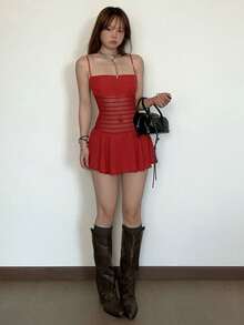 Vestido sin tirantes ajustado color liso, estilo atractivo, básico y versátil - Rojo - Ver 4