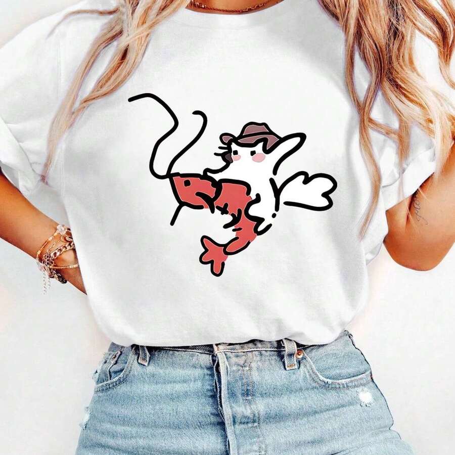 Camiseta Mujer Cuello Redondo Manga Corta Diseño Gótico Gato Sonriente Fantasía Mariposa Casual - Blanco - Ver 1