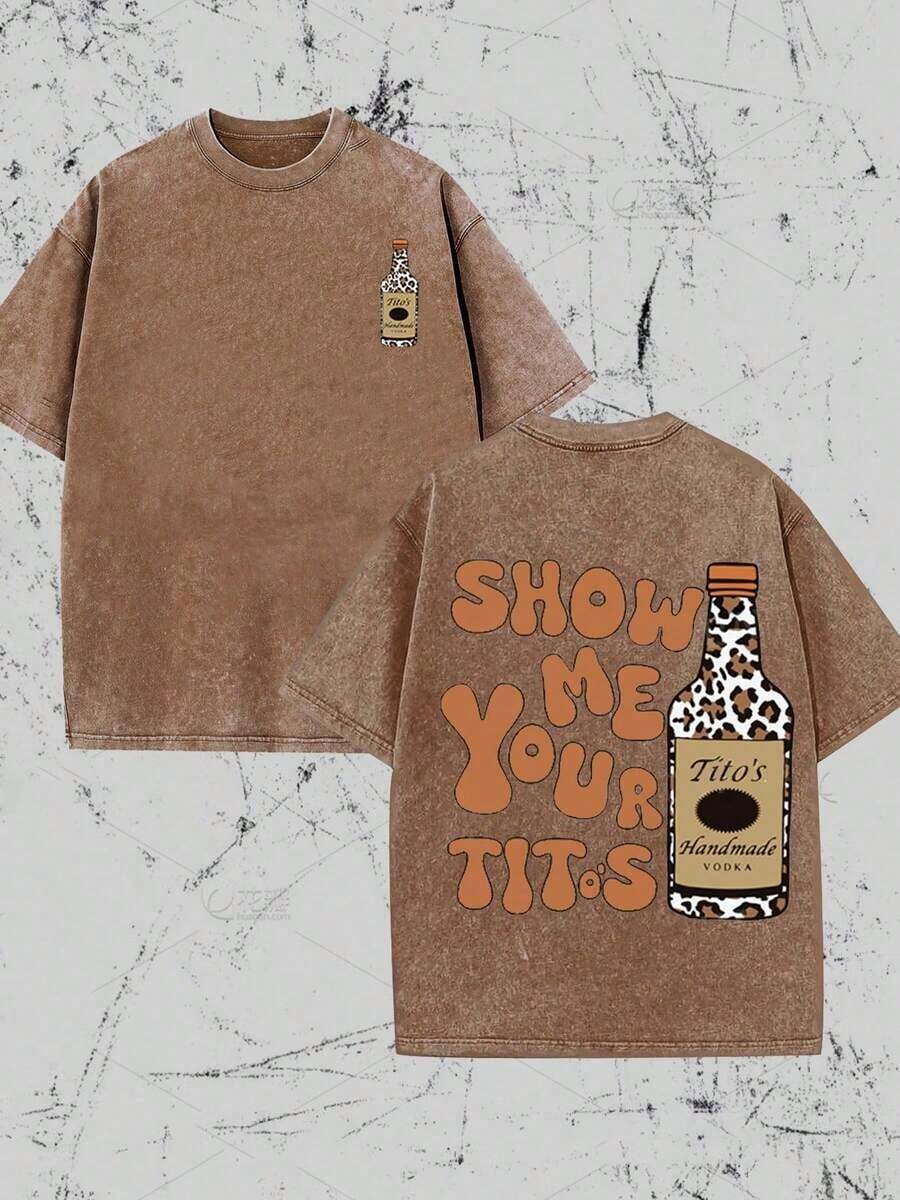 Vintage Vintage Style, Tito's Vodka Enthusiast, Leopard Print Elements, SHOW ME YOU TITOS Humorous Text Memes, Washed Double-Sided Printed Vintage T-Shirt..…. Retro Loose T-Shirt, Men's Casual Style T-Shirt, Machine Washable And Washable Old T-Shirt; Cool Design Pattern T-Shirt, Durable And Comfortable Fabric, Street Fashion Sense, A Must-Have For Street Style Enthusiasts, Top-Level Sportswear, Suitable For Daily Commuting, Dating, Leisure Matching, Suitable For Holiday Gift Giving, The First Choice For Gift Giving. , Free Shipping - 杏色 - 查看 1