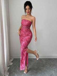 Vestido de fiesta elegante de mujer con cintura ceñida, estampado de malla teñida anudada y abertura lateral - Rosa Fucsia 2 - Ver 8