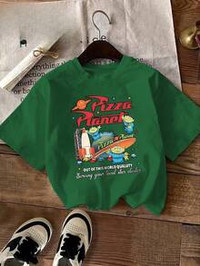 El logotipo del planeta Pizza de  y múltiples personajes alienígenas verdes se combinan con patrones de cohetes, estrellas, coches y otros motivos espaciales, creando un diseño general colorido y de estilo caricaturesco. Esta es una nueva camiseta de manga corta de verano de  para mujer, una camiseta estampada informal y a la moda para mujer - Camiseta unisex de algodón holgada de manga corta con cuello redondo estilo vintage para mujer. blusas.blusas casuales para dama. - Verde - Ver 6