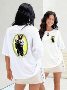 Figura de  Tadeo con aureola y manto verde que simboliza esperanza y fe impresa en camiseta para mujer 100% algodónSuitable for spring, summer and autumn - Blanco - Ver 7