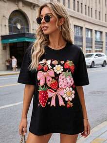 Women's Casual T-Shirt, Red, Cotton, Short Sleeve, With Strawberry And Flower Print, Round Neck, Regular Fit, Autumn Style, 100% Cotton, Durable - 黑色 - 查看 4