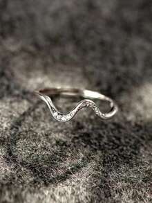 1 pieza Anillo con patrón de onda geométrica minimalista, con circonita sintética incrustada, versátil para uso diario, fiestas, regalos, accesorio de joyería - Plateado - Ver 5