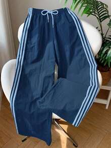 Pantalones de chándal casuales y holgados con cintura elástica y rayas laterales marrones para mujer - Niebla azul - Ver 7