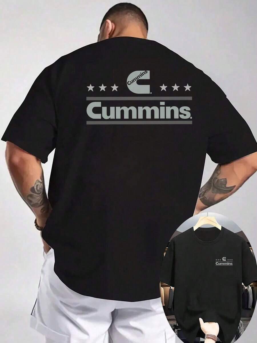 New Men's 100% Cotton Cummins Graphic T-Shirt - Black Short Sleeve Workwear Tee, Front And Back Print, Breathable Knit Fabric, Suitable For Construction, Transportation, And Manufacturing Industries - Machine Washable Crew Neck Summer T-Shirt, Trucker Clothing, Bold Print Design, Easy Care Blue Collar Work Shirt PLTQ - 黑色 - 查看 1