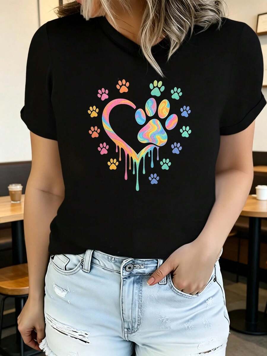 Soft Summer T-Shirt For Women With Cat And Dog Paw Prints And Heart Designs, Fashionable And Casual, Machine Washable, Comfortable Fit, 2D Flat Print, Elegant Blouses For Women. - 黑色5 - 查看 1