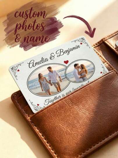 1pc Custom Photo Aluminum Couple Keepsake Card, Personalized Text Wallet Insert Card. Customizable Couple Souvenir Card With Personalized Names And Photos.