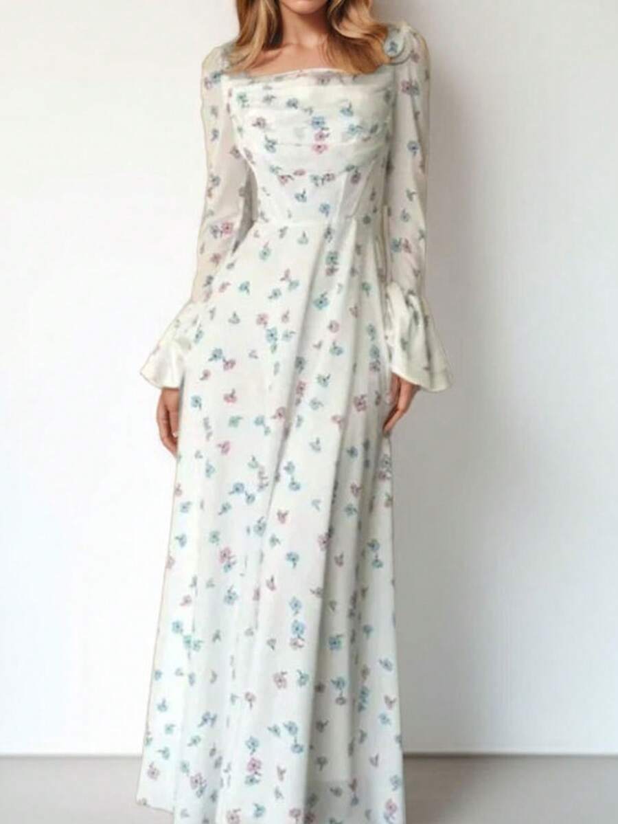 Long Printed Dress With Fitted Waist And Flared Sleeves, Elegant Spring 2026 - 白色 - 查看 1