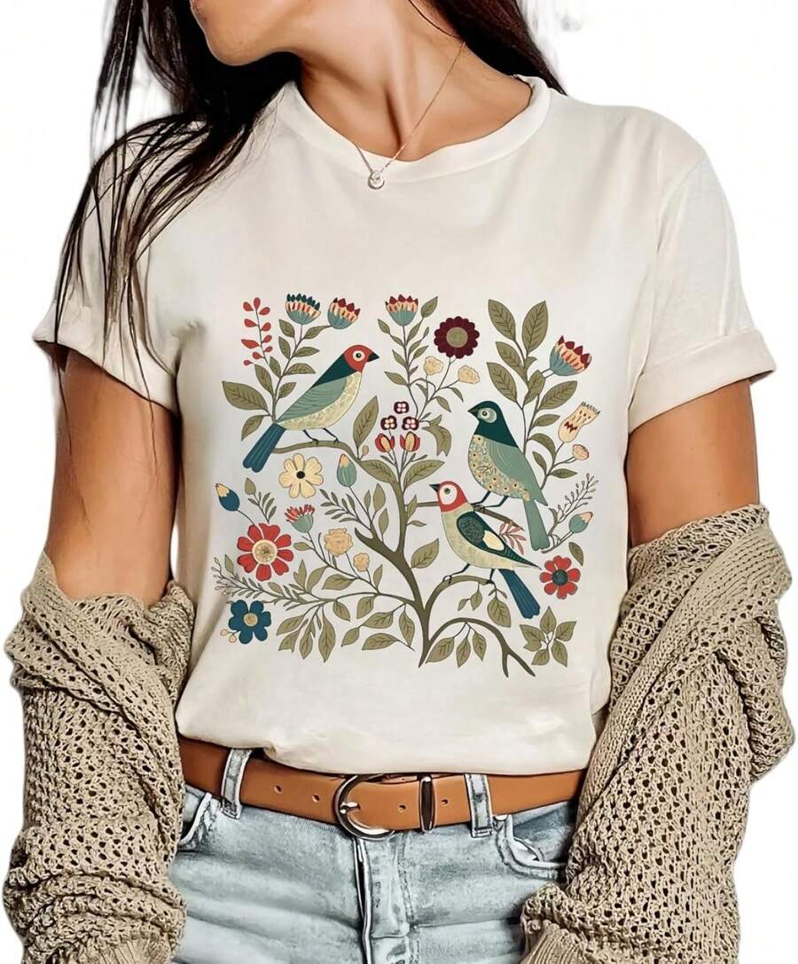 1 Piece Casual Fashion For Men And Women Vintage Boho Floral Flower Print T-Shirt Graphic Short Sleeve T-Shirt Versatile, Easy To Match, Suitable For Daily Wear, Street Style, Holiday Outfits, Weekend Outfits. - 米色-2 - 查看 1