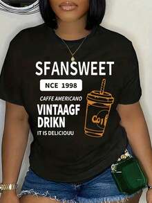 Women's Short-Sleeved T-Shirt With Round Neck And "Coffee Americano Vintage Drink Sfansweet Since 1998" Print, Ideal For Casual Wear And Everyday Summer Outfits. - 黑色 - 查看 7