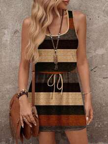 Vestido corto casual de mujer con estampado de rayas de contraste, adecuado para vestido de vacaciones de primavera/verano, vestido elegante para salir, casual - Multicolor 4 - Ver 5