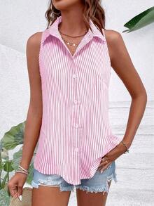 Blusa holgada sin mangas a rayas de estilo casual para mujer, camisa de verano para mujer, top sin mangas a rayas, top verde a rayas, blusas casuales de verano para mujer - Rosa - Ver 3