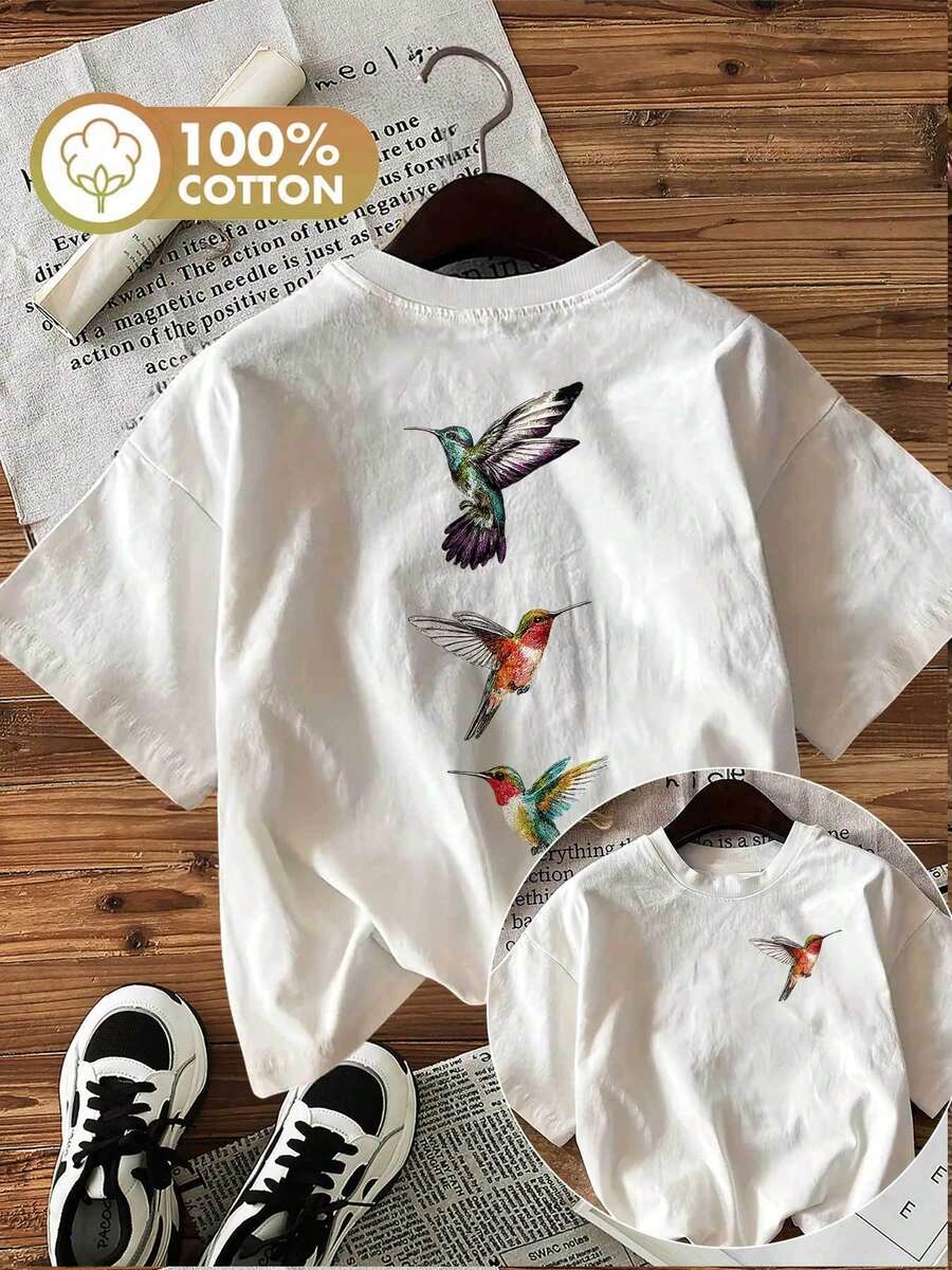 Camiseta de edición limitada con estampado gráfico, manga corta, cuello redondo, top casual para verano y primavera, ropa de mujer, algodón ligero. - Blanco - Ver 1